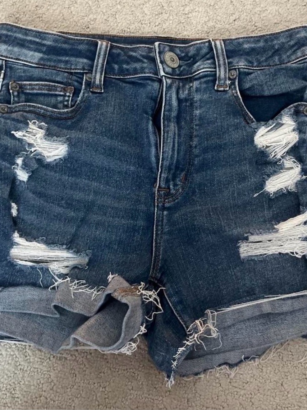 American Eagle Sz 10 Hi-Rise Shortie Distressed Stretch Denim Jean Shorts